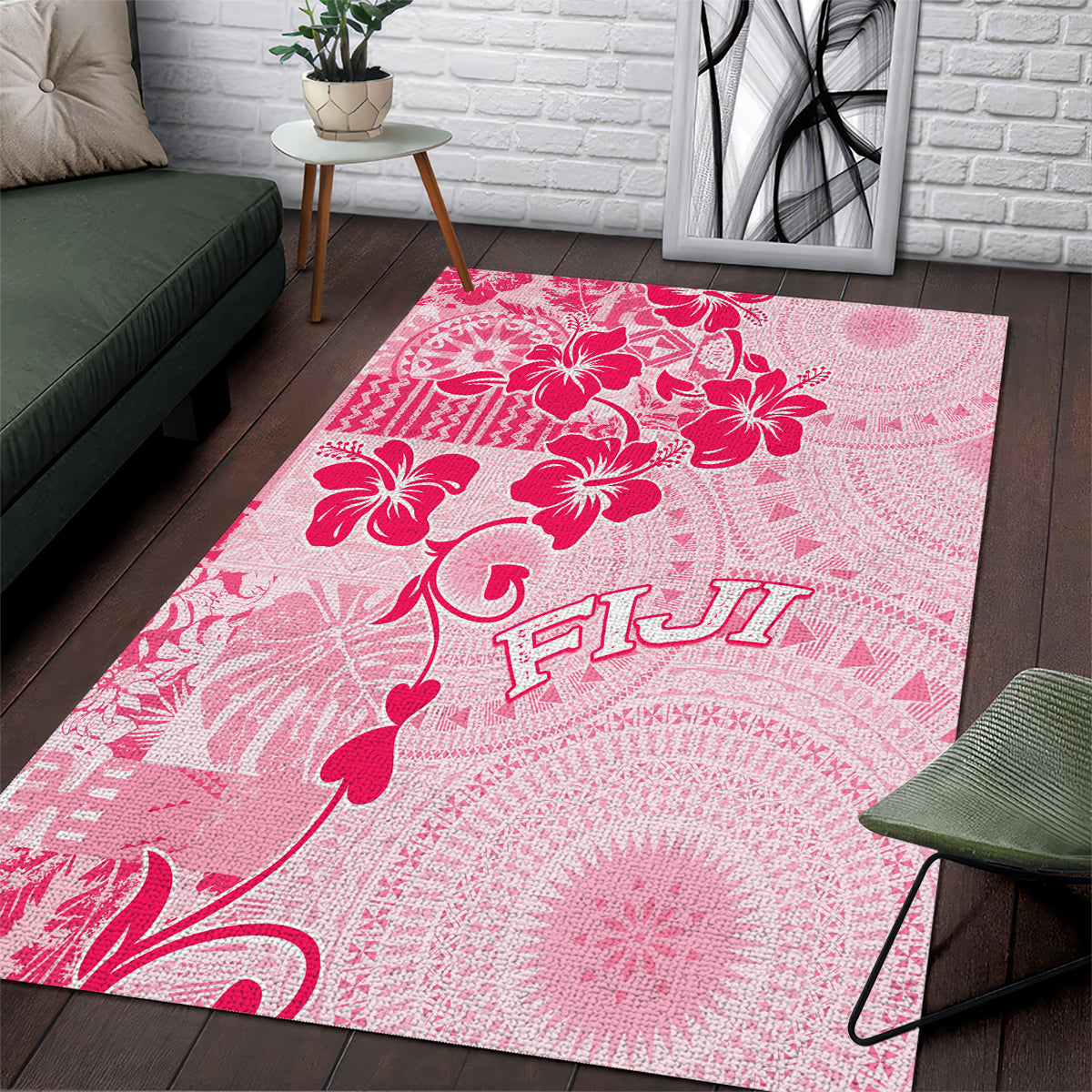Fiji Masi With Hibiscus Tapa Tribal Area Rug Pink Pastel LT01 Pink - Polynesian Pride