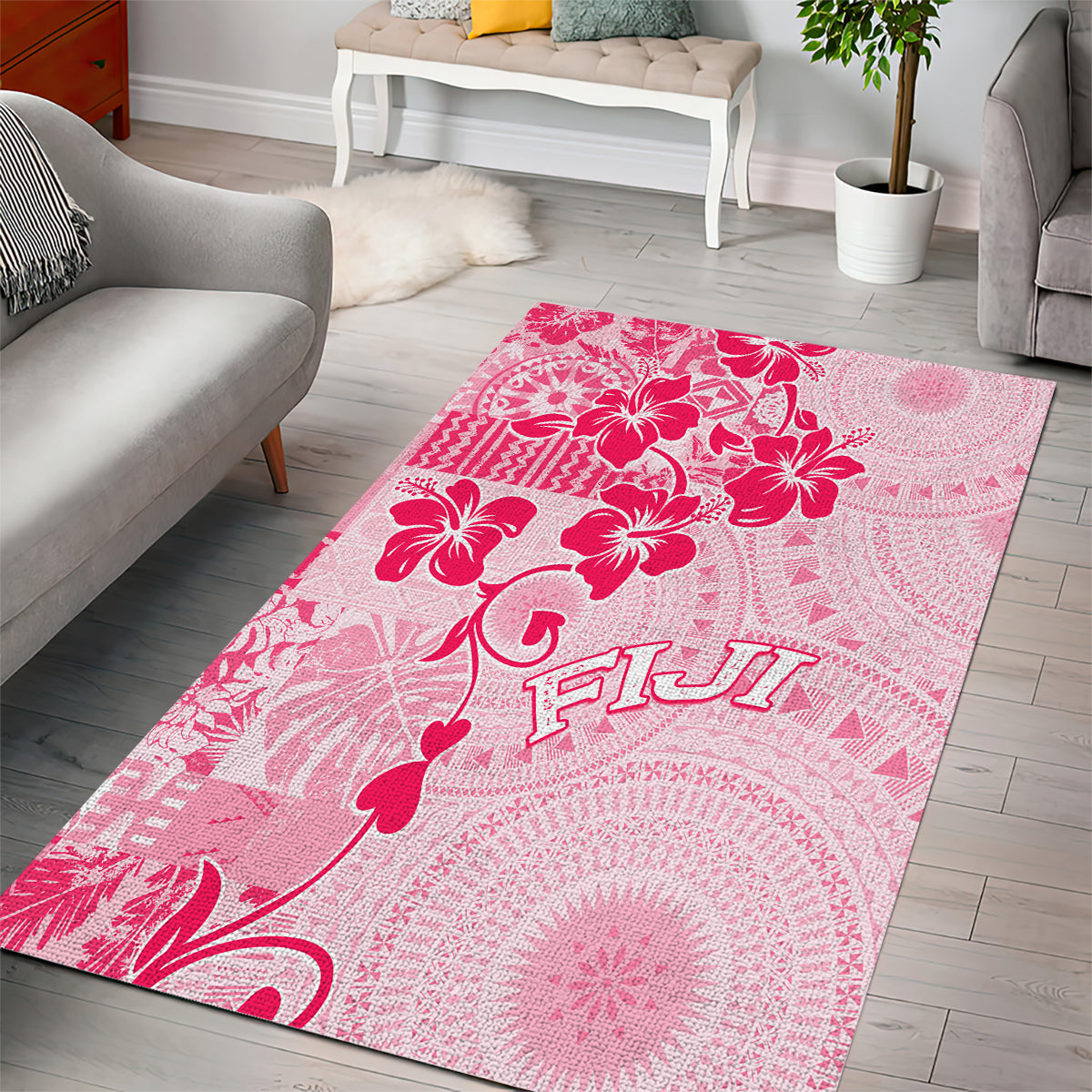 Fiji Masi With Hibiscus Tapa Tribal Area Rug Pink Pastel LT01 - Polynesian Pride