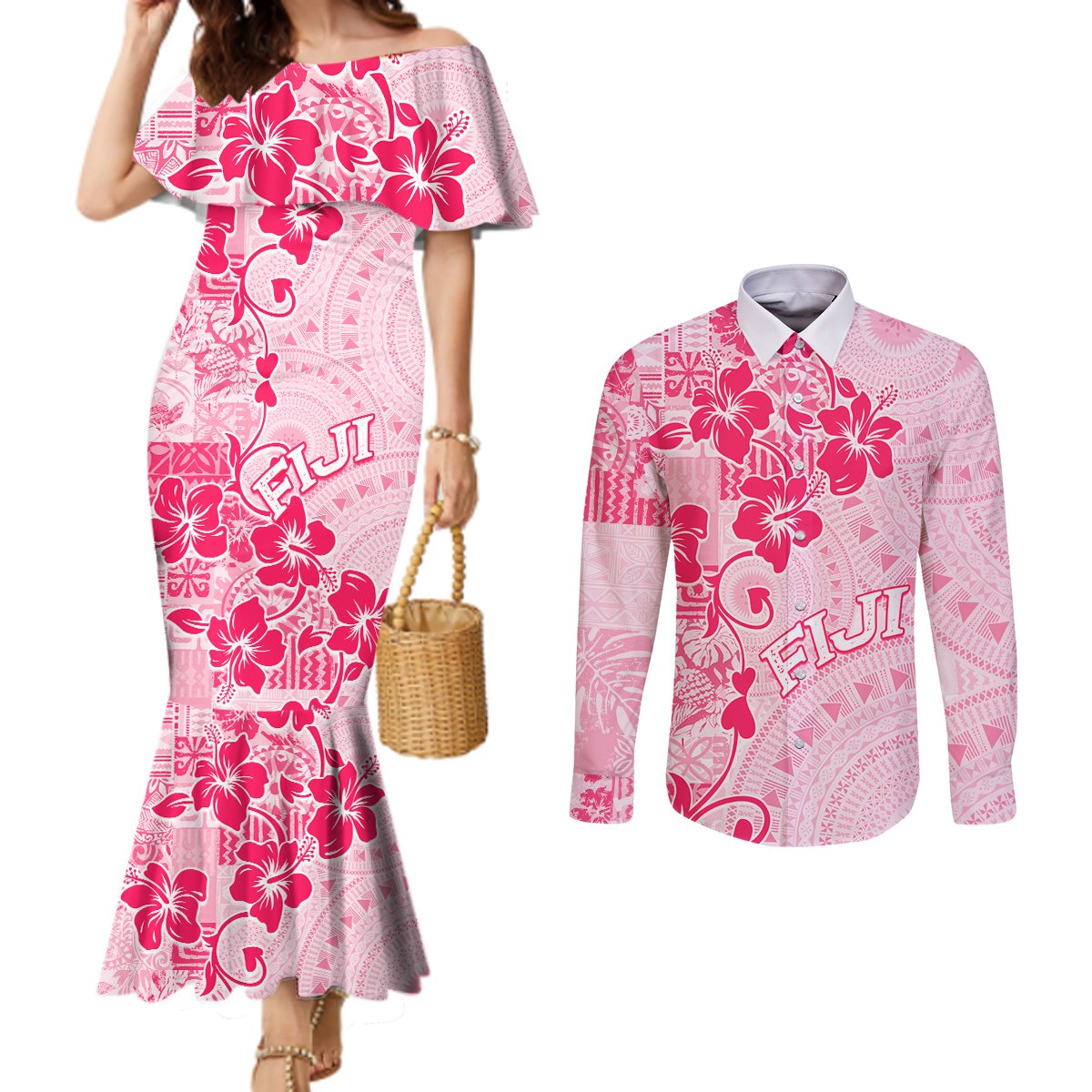 Fiji Masi With Hibiscus Tapa Tribal Couples Matching Mermaid Dress and Long Sleeve Button Shirt Pink Pastel LT01 Pink - Polynesian Pride