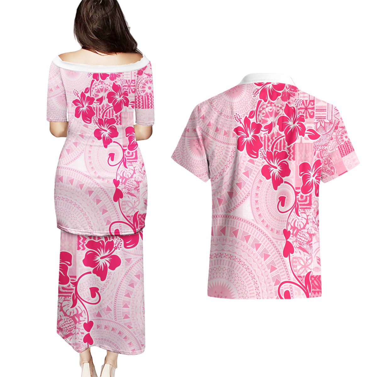 Fiji Masi With Hibiscus Tapa Tribal Couples Matching Puletasi Dress and Hawaiian Shirt Pink Pastel LT01 - Polynesian Pride