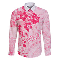 Fiji Masi With Hibiscus Tapa Tribal Family Matching Off Shoulder Maxi Dress and Hawaiian Shirt Pink Pastel LT01 Dad's Shirt - Long Sleeve Pink - Polynesian Pride