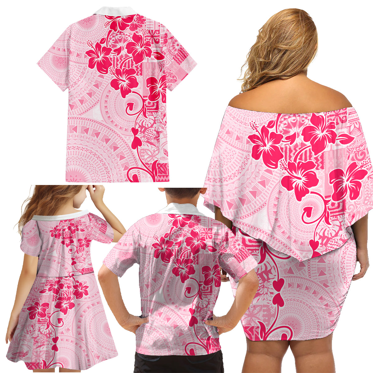 Fiji Masi With Hibiscus Tapa Tribal Family Matching Off Shoulder Short Dress and Hawaiian Shirt Pink Pastel LT01 - Polynesian Pride