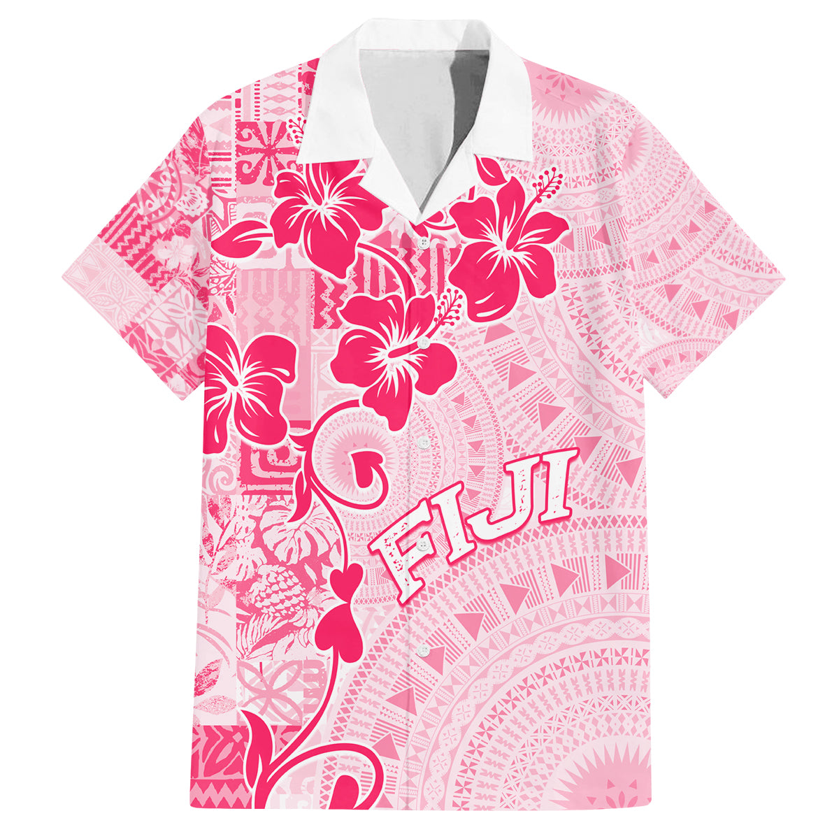 Fiji Masi With Hibiscus Tapa Tribal Family Matching Off Shoulder Short Dress and Hawaiian Shirt Pink Pastel LT01 Dad's Shirt - Short Sleeve Pink - Polynesian Pride