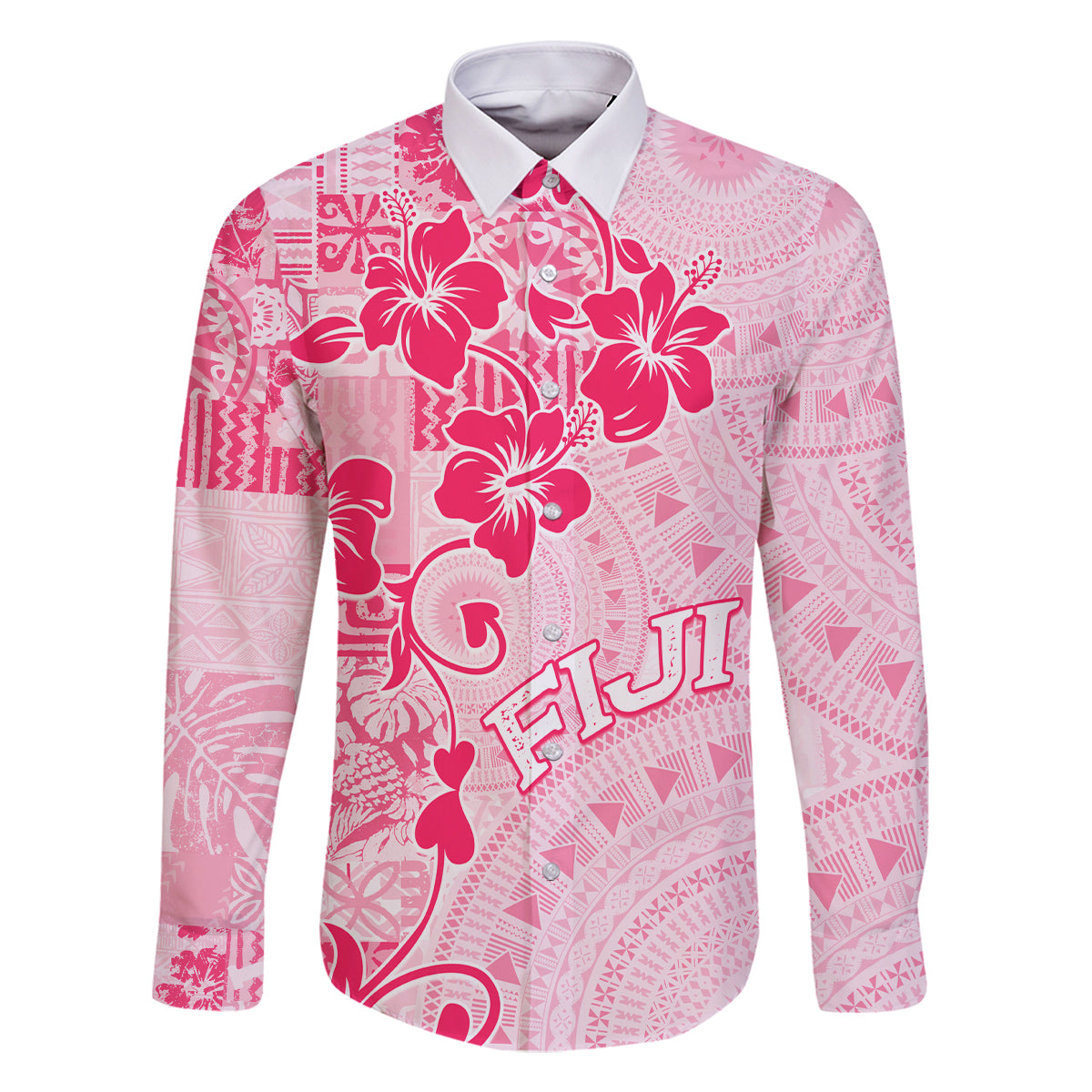 Fiji Masi With Hibiscus Tapa Tribal Family Matching Off Shoulder Short Dress and Hawaiian Shirt Pink Pastel LT01 Dad's Shirt - Long Sleeve Pink - Polynesian Pride