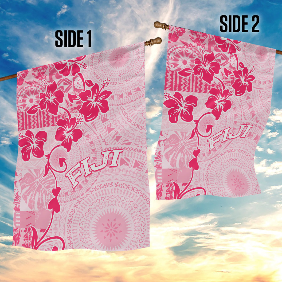 Fiji Masi With Hibiscus Tapa Tribal Garden Flag Pink Pastel LT01 - Polynesian Pride