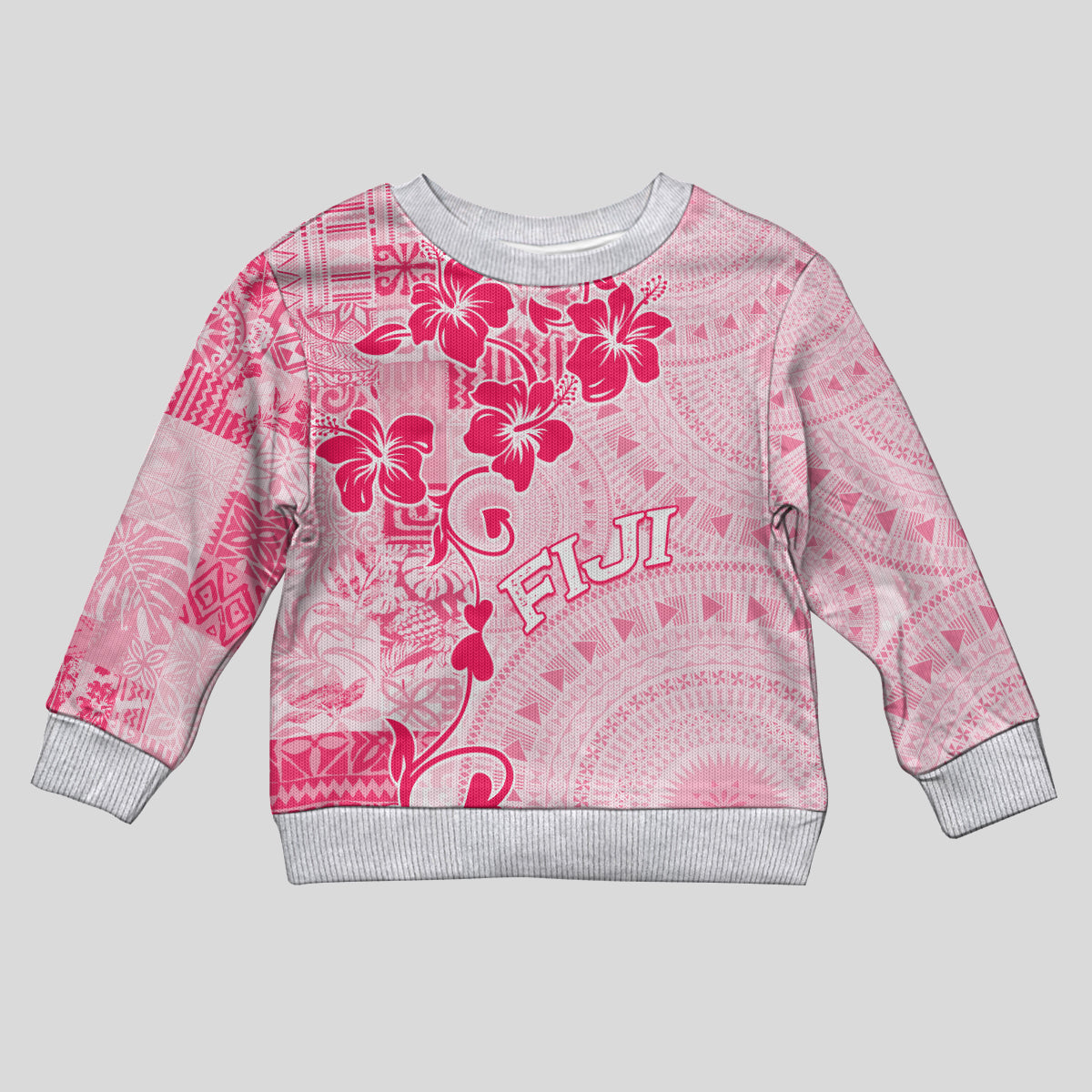 Fiji Masi With Hibiscus Tapa Tribal Kid Ugly Christmas Sweater Pink Pastel LT01 Kid Pink - Polynesian Pride