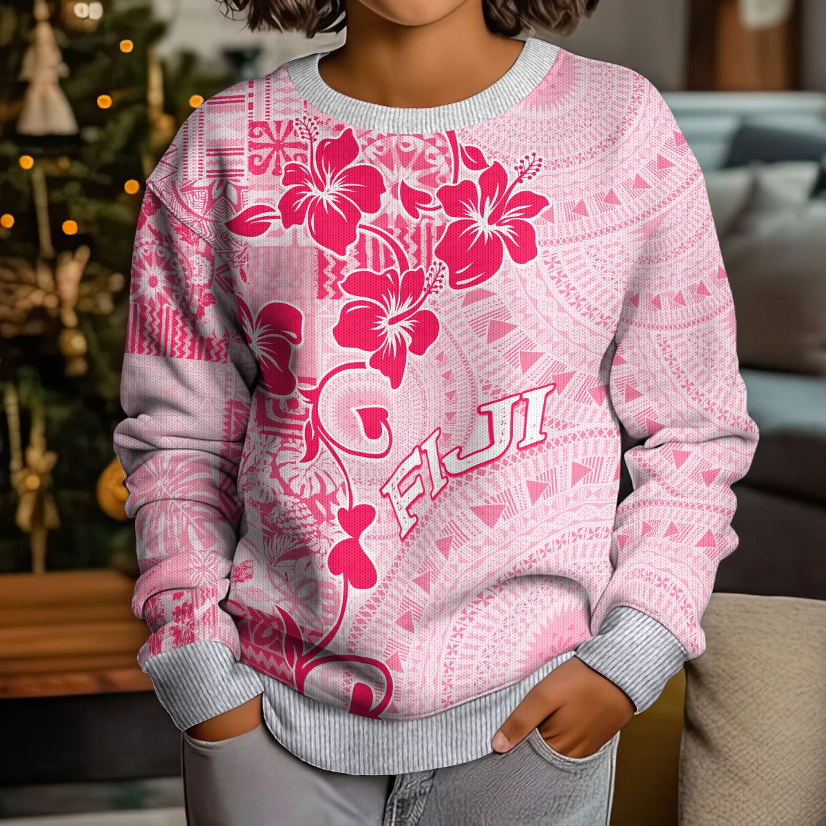 Fiji Masi With Hibiscus Tapa Tribal Kid Ugly Christmas Sweater Pink Pastel LT01 - Polynesian Pride