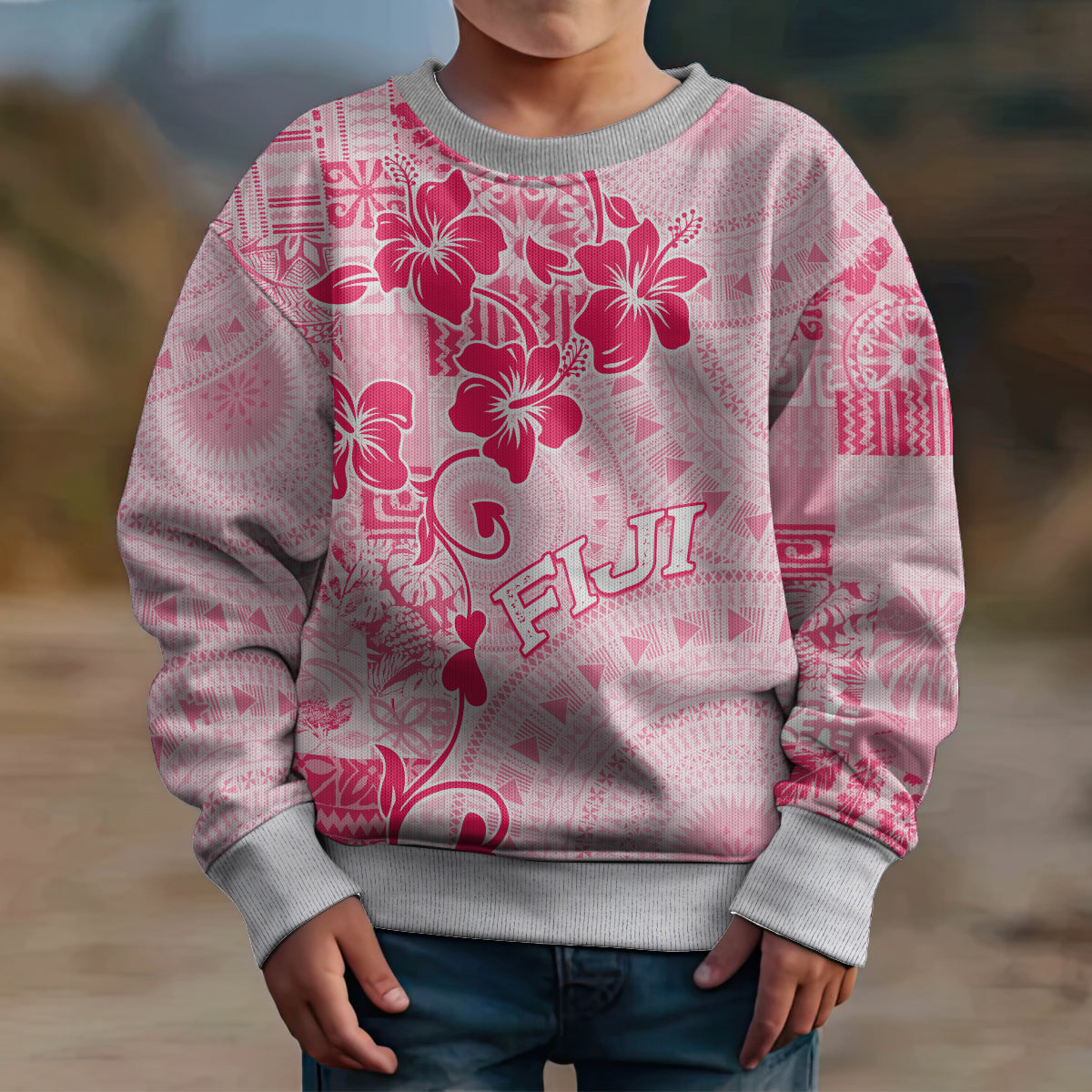 Fiji Masi With Hibiscus Tapa Tribal Kid Ugly Christmas Sweater Pink Pastel LT01 - Polynesian Pride