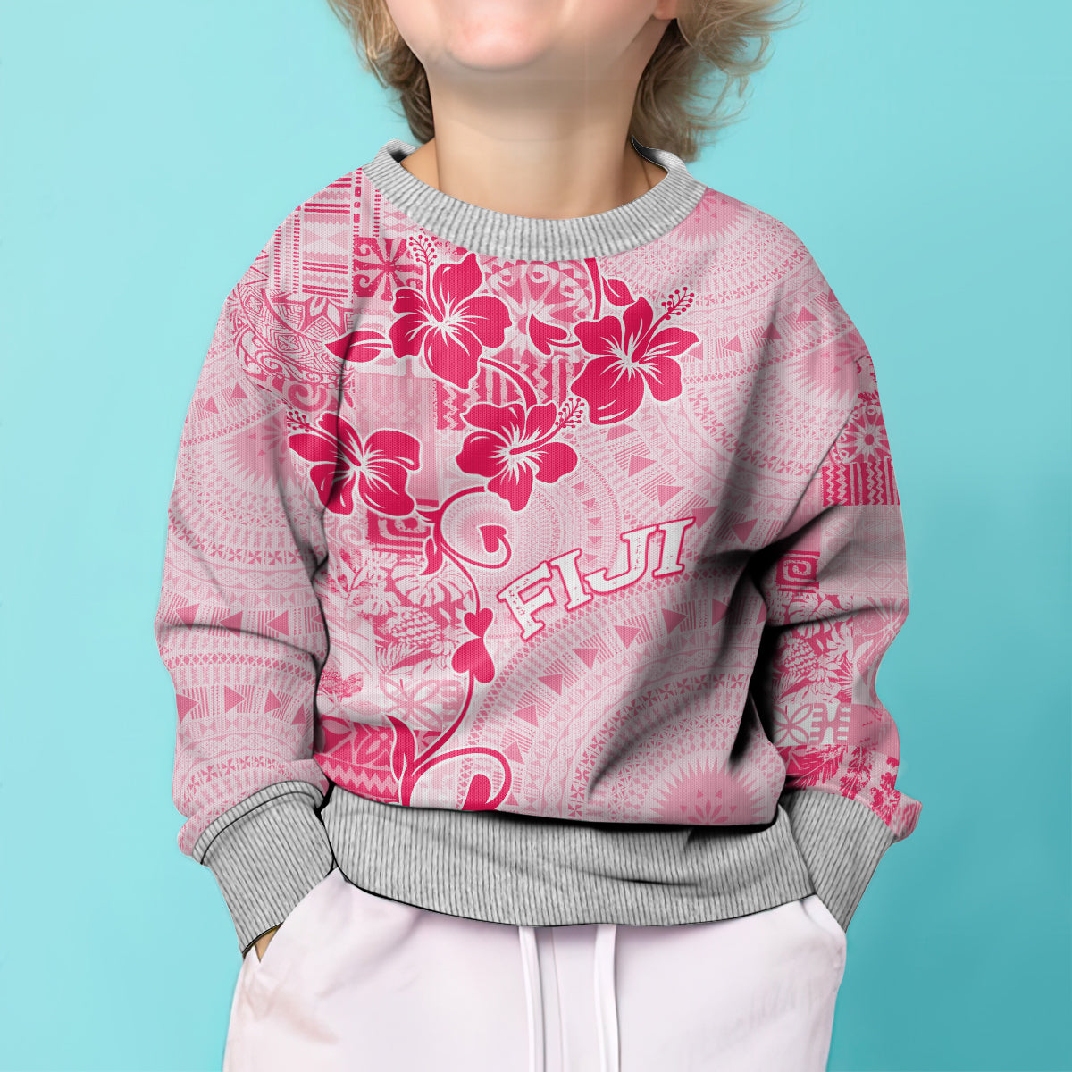 Fiji Masi With Hibiscus Tapa Tribal Kid Ugly Christmas Sweater Pink Pastel LT01 - Polynesian Pride