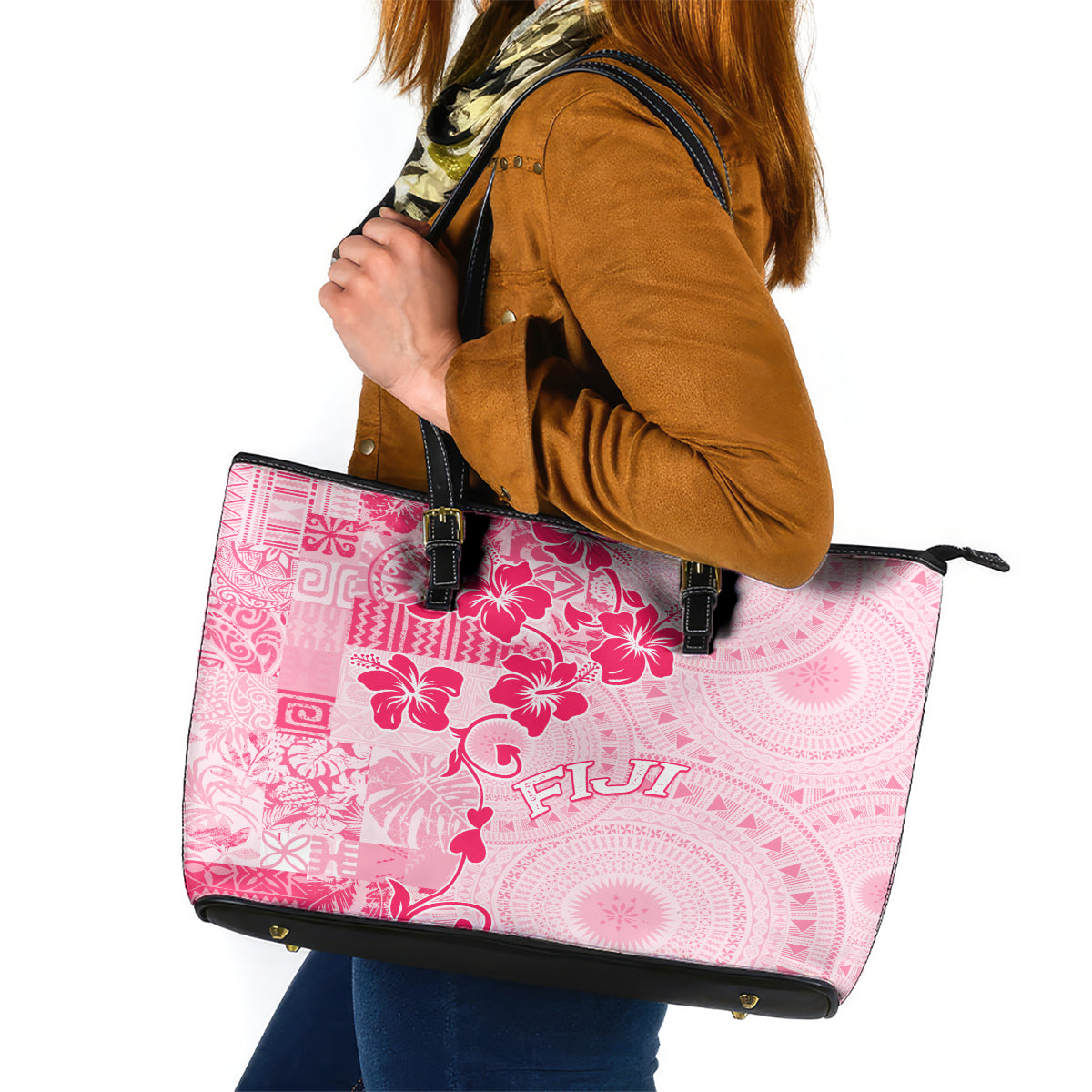 Fiji Masi With Hibiscus Tapa Tribal Leather Tote Bag Pink Pastel LT01 Pink - Polynesian Pride