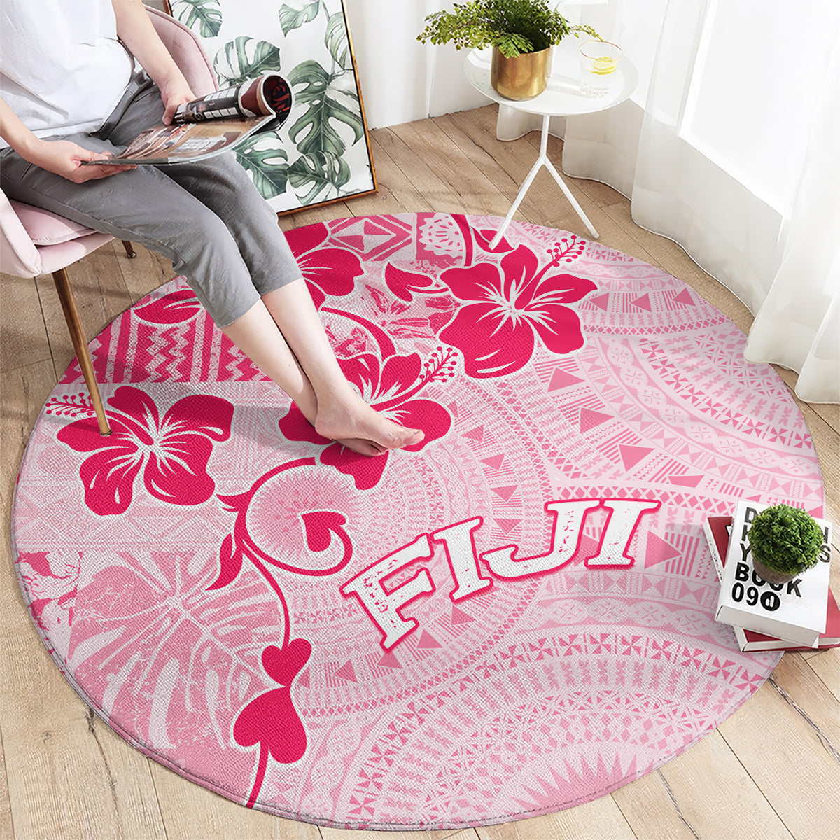 Fiji Masi With Hibiscus Tapa Tribal Round Carpet Pink Pastel LT01 - Polynesian Pride