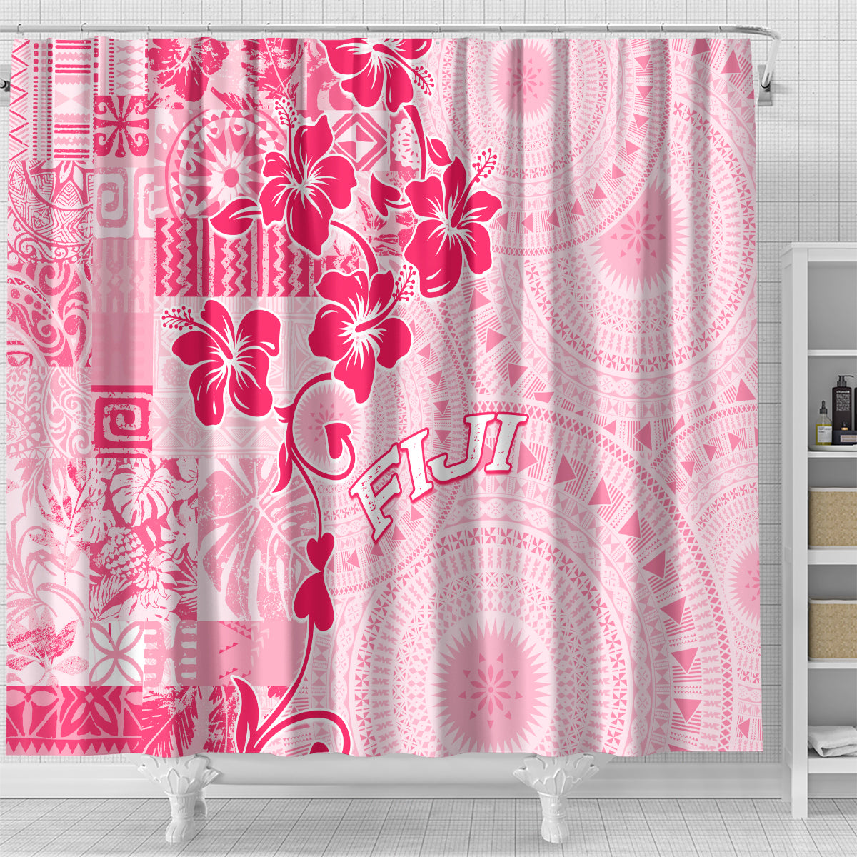Fiji Masi With Hibiscus Tapa Tribal Shower Curtain Pink Pastel LT01 - Polynesian Pride