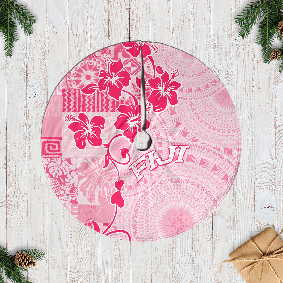 Fiji Masi With Hibiscus Tapa Tribal Tree Skirt Pink Pastel LT01 Casual Tree Skirts Pink - Polynesian Pride