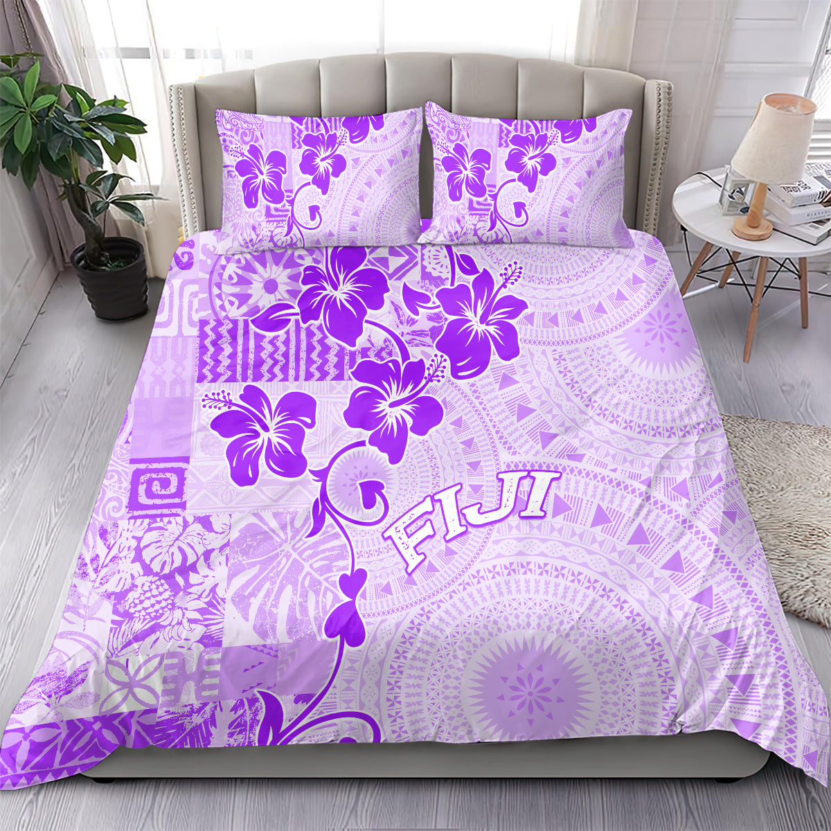 Fiji Masi With Hibiscus Tapa Tribal Bedding Set Purple Pastel LT01 - Polynesian Pride