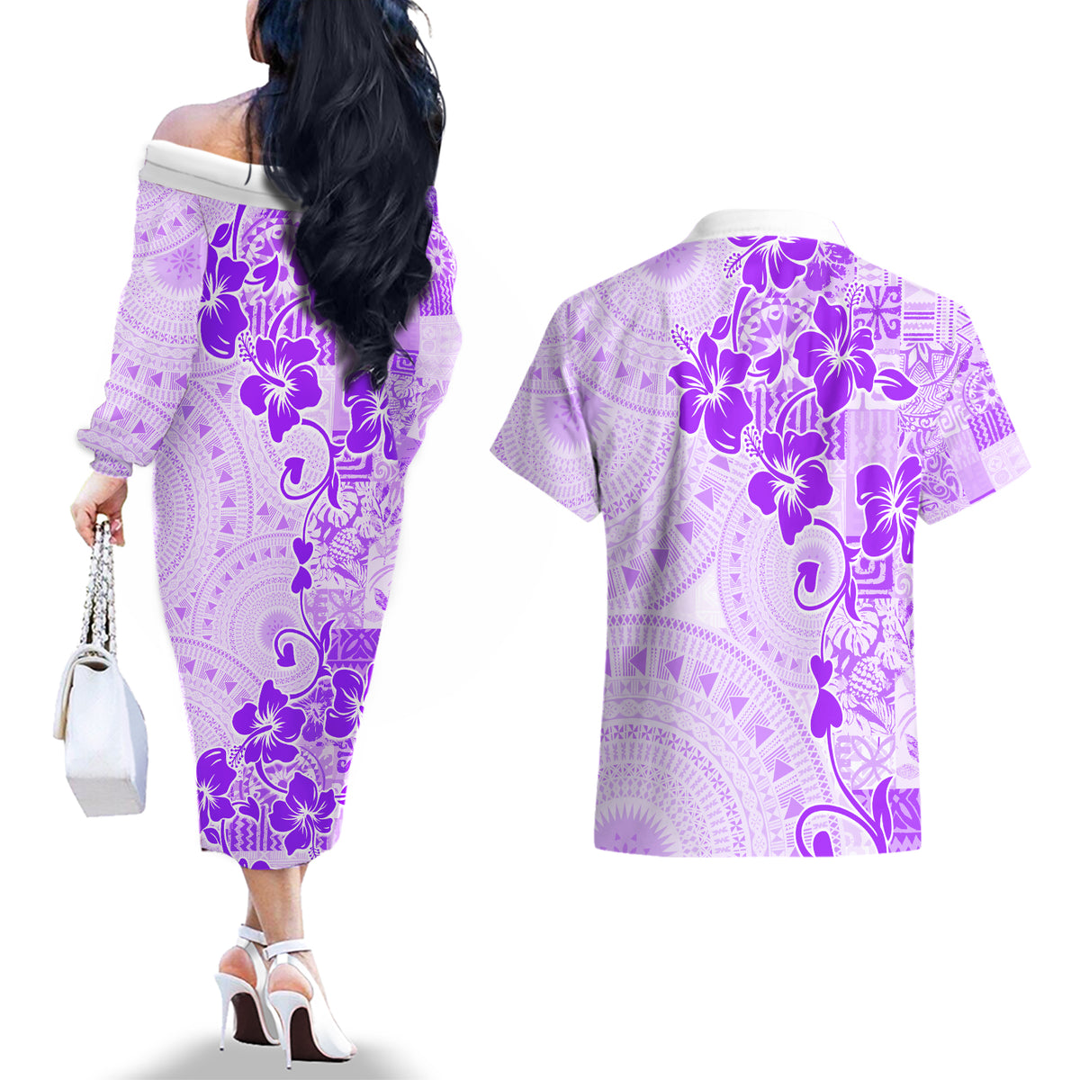 Fiji Masi With Hibiscus Tapa Tribal Couples Matching Off The Shoulder Long Sleeve Dress and Hawaiian Shirt Purple Pastel LT01 - Polynesian Pride