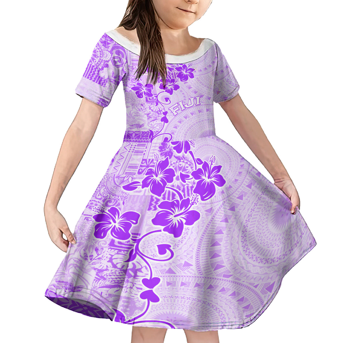 Fiji Masi With Hibiscus Tapa Tribal Family Matching Off Shoulder Short Dress and Hawaiian Shirt Purple Pastel LT01 Daughter's Dress Purple - Polynesian Pride