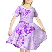 Fiji Masi With Hibiscus Tapa Tribal Kid Short Sleeve Dress Purple Pastel LT01 - Polynesian Pride