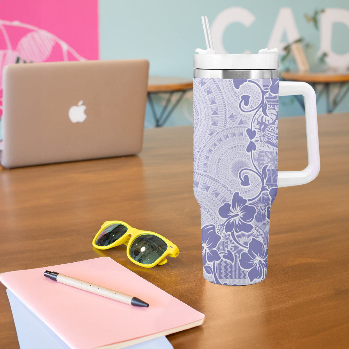 Fiji Masi With Hibiscus Tapa Tribal Tumbler With Handle Purple Pastel