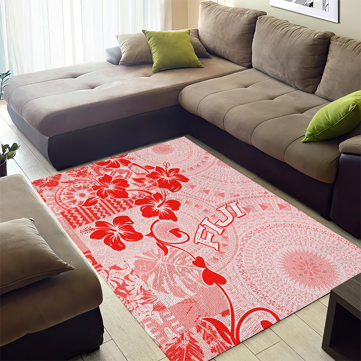 Fiji Masi With Hibiscus Tapa Tribal Area Rug Red Pastel LT01 - Polynesian Pride