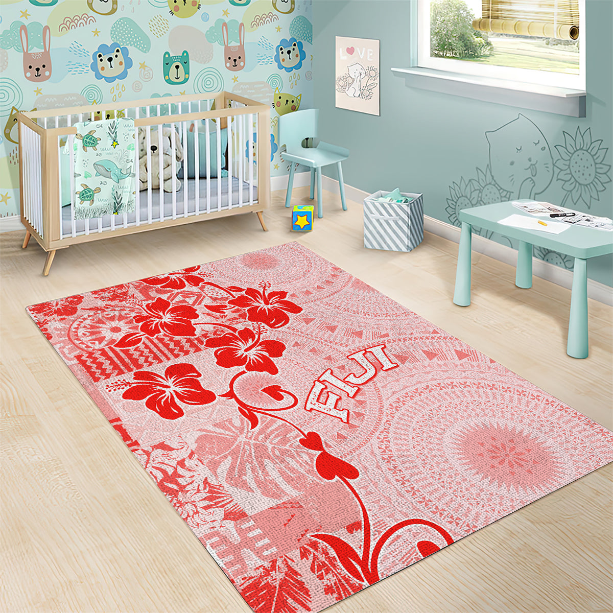 Fiji Masi With Hibiscus Tapa Tribal Area Rug Red Pastel LT01 - Polynesian Pride