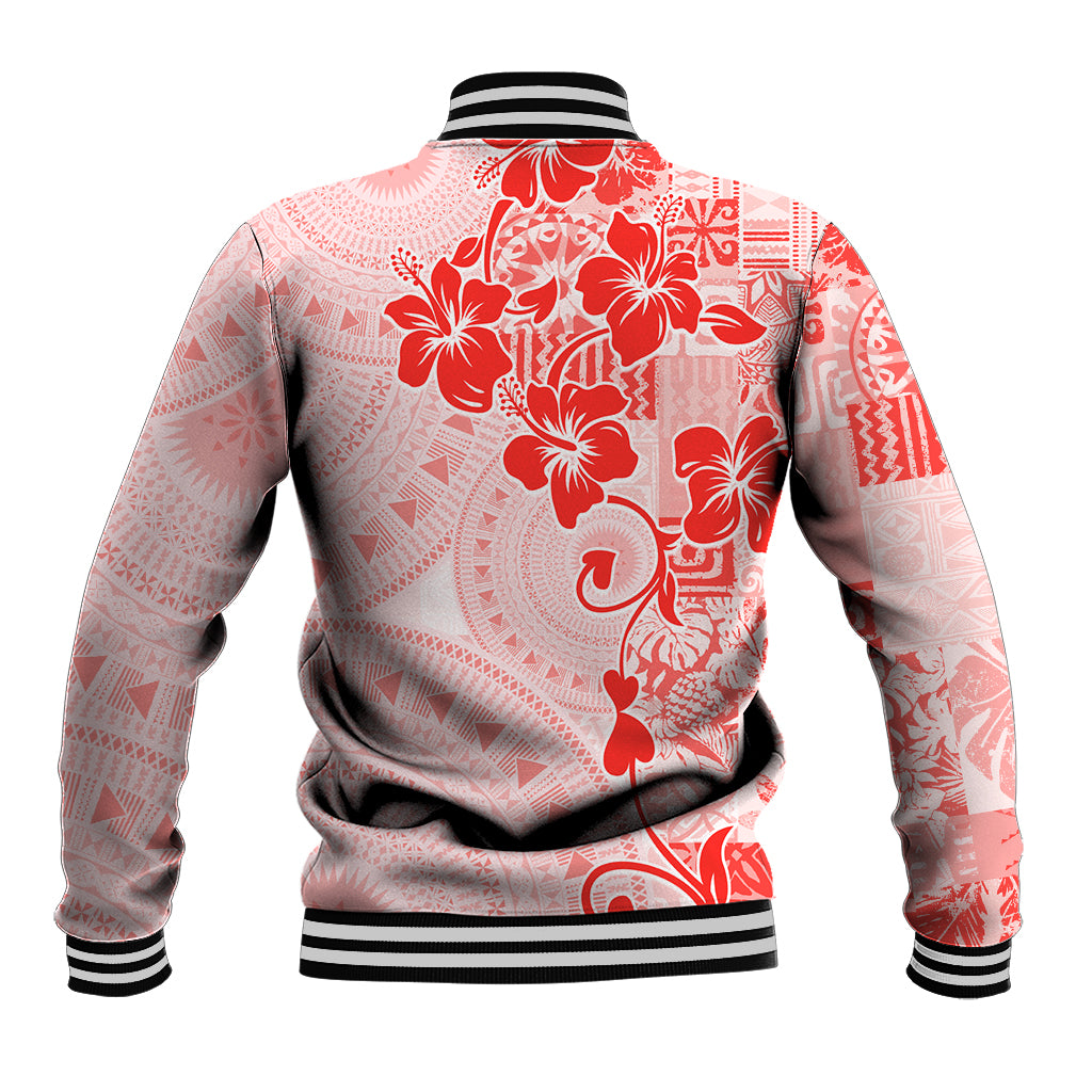 Fiji Masi With Hibiscus Tapa Tribal Baseball Jacket Red Pastel LT01 - Polynesian Pride