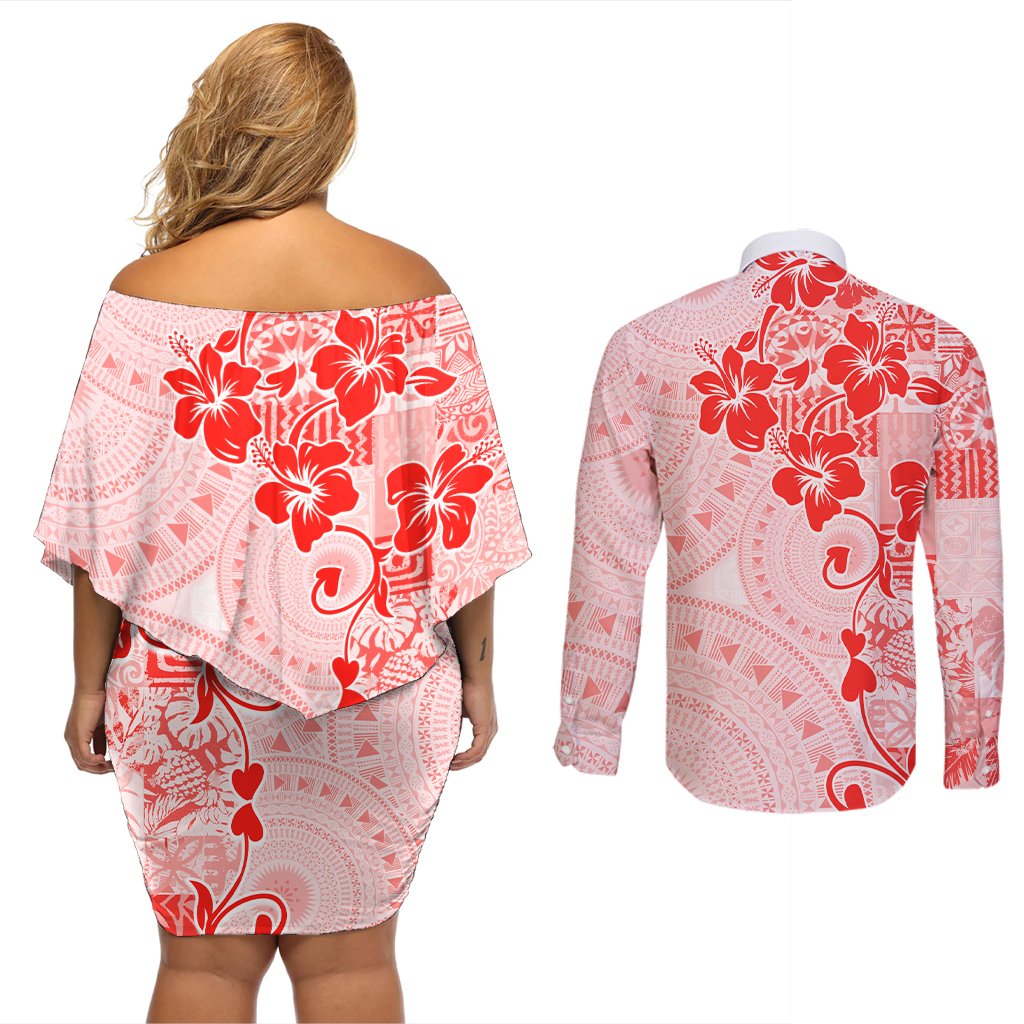 Fiji Masi With Hibiscus Tapa Tribal Couples Matching Off Shoulder Short Dress and Long Sleeve Button Shirt Red Pastel LT01 - Polynesian Pride