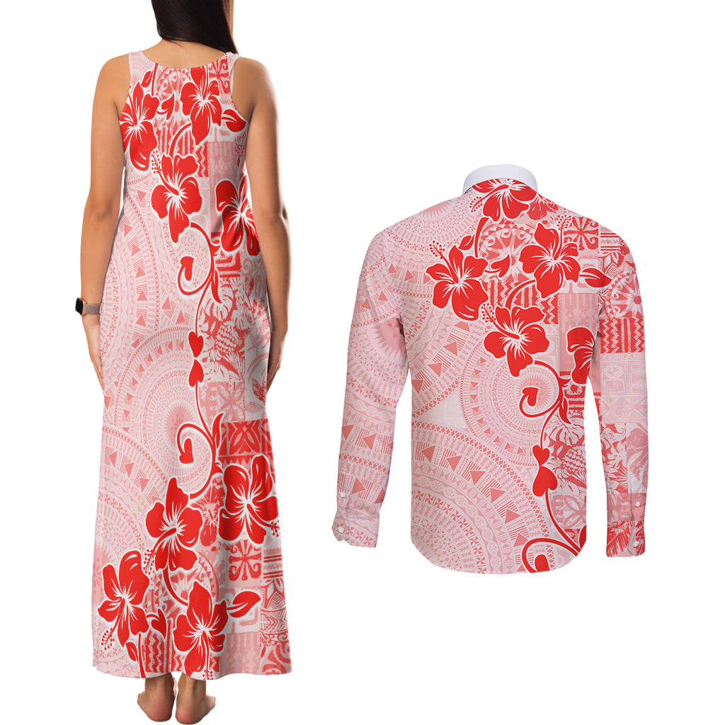 Fiji Masi With Hibiscus Tapa Tribal Couples Matching Tank Maxi Dress and Long Sleeve Button Shirt Red Pastel LT01 - Polynesian Pride