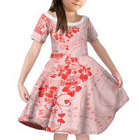 Fiji Masi With Hibiscus Tapa Tribal Family Matching Off Shoulder Long Sleeve Dress and Hawaiian Shirt Red Pastel LT01 Daughter's Dress Red - Polynesian Pride