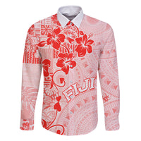 Fiji Masi With Hibiscus Tapa Tribal Family Matching Off Shoulder Maxi Dress and Hawaiian Shirt Red Pastel LT01 Dad's Shirt - Long Sleeve Red - Polynesian Pride