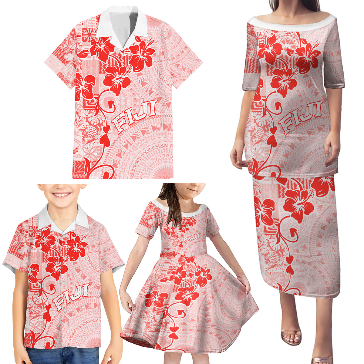 Fiji Masi With Hibiscus Tapa Tribal Family Matching Puletasi Dress and Hawaiian Shirt Red Pastel LT01 - Polynesian Pride