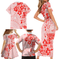Fiji Masi With Hibiscus Tapa Tribal Family Matching Short Sleeve Bodycon Dress and Hawaiian Shirt Red Pastel LT01 - Polynesian Pride