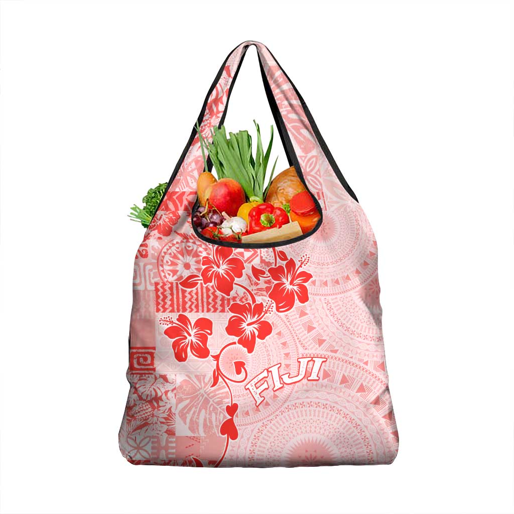 Fiji Masi With Hibiscus Tapa Tribal Grocery Bag Red Pastel