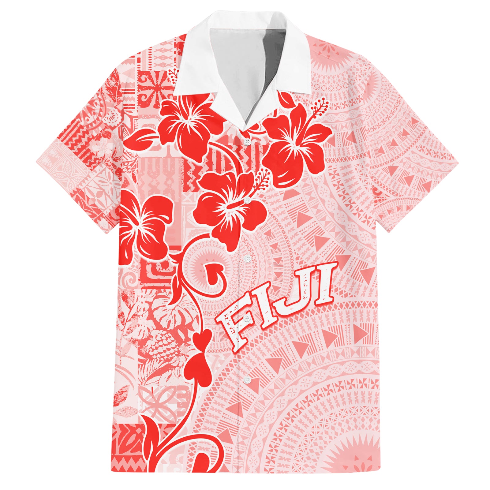 Fiji Masi With Hibiscus Tapa Tribal Hawaiian Shirt Red Pastel LT01 Red - Polynesian Pride