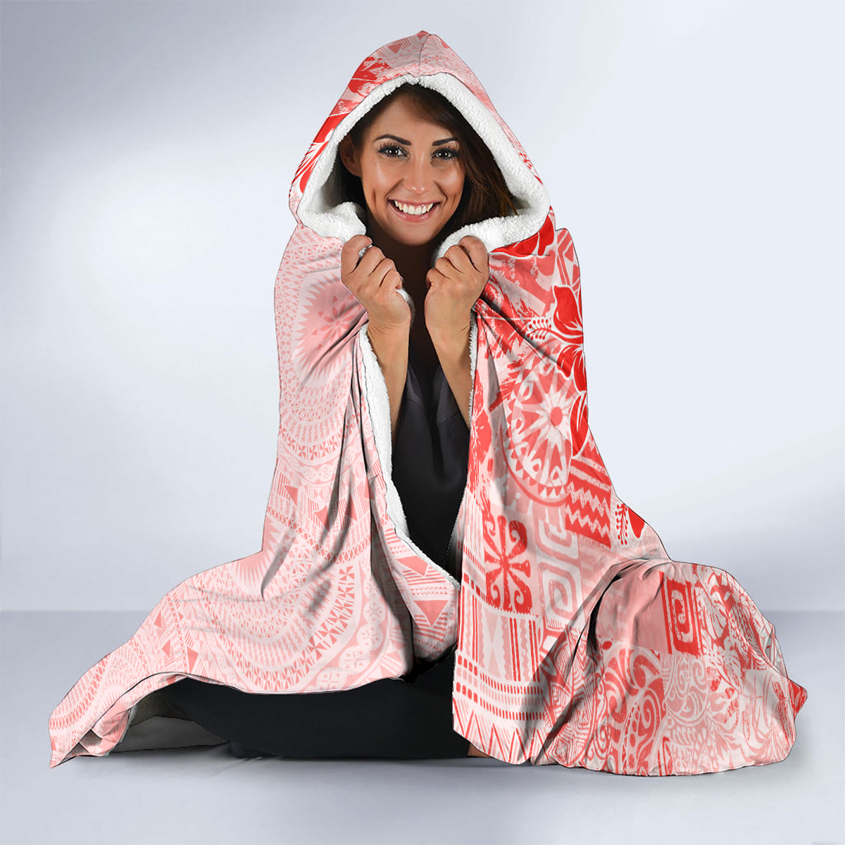 Fiji Masi With Hibiscus Tapa Tribal Hooded Blanket Red Pastel LT01 - Polynesian Pride