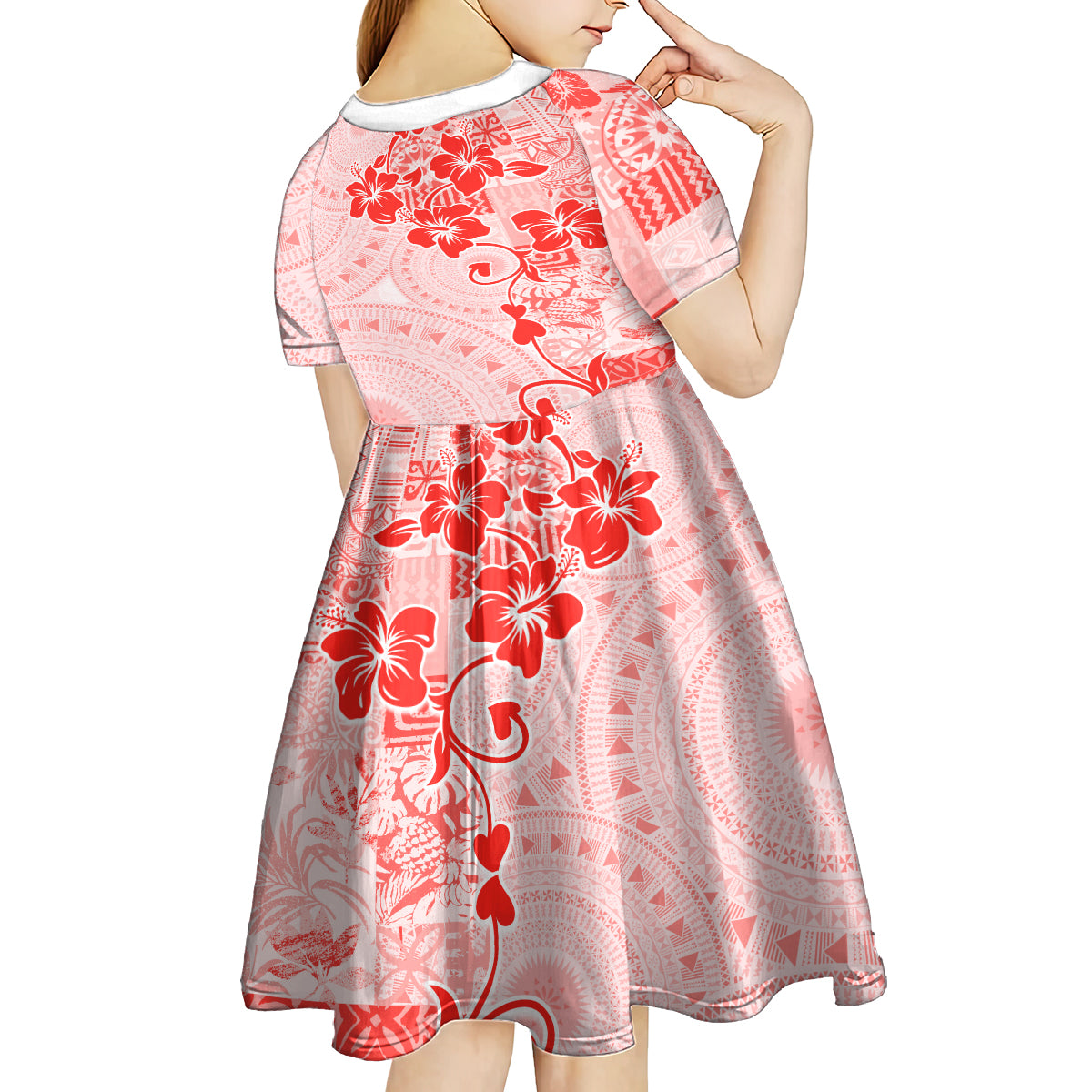 Fiji Masi With Hibiscus Tapa Tribal Kid Short Sleeve Dress Red Pastel LT01 - Polynesian Pride