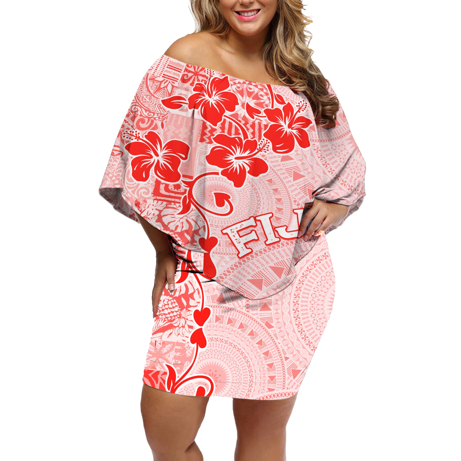 Fiji Masi With Hibiscus Tapa Tribal Off Shoulder Short Dress Red Pastel LT01 Women Red - Polynesian Pride