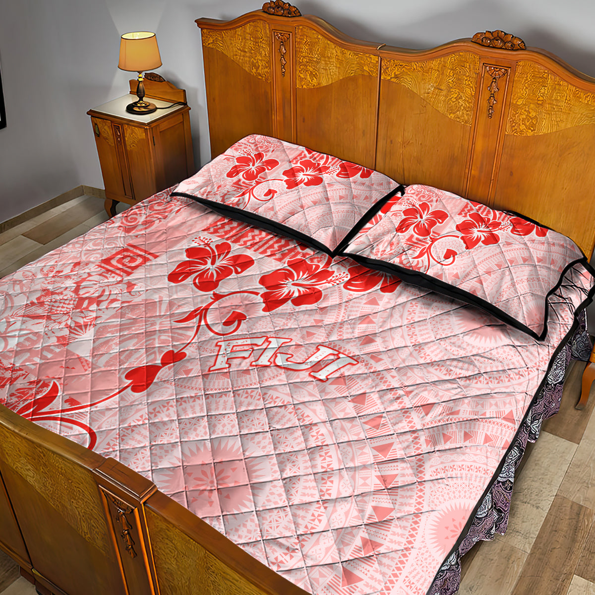 Fiji Masi With Hibiscus Tapa Tribal Quilt Bed Set Red Pastel LT01 - Polynesian Pride