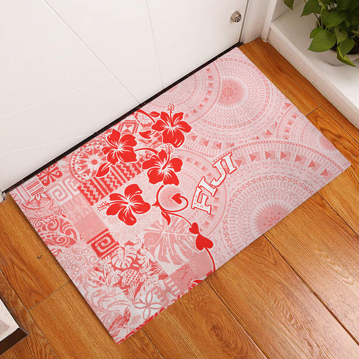 Fiji Masi With Hibiscus Tapa Tribal Rubber Doormat Red Pastel LT01 Red - Polynesian Pride