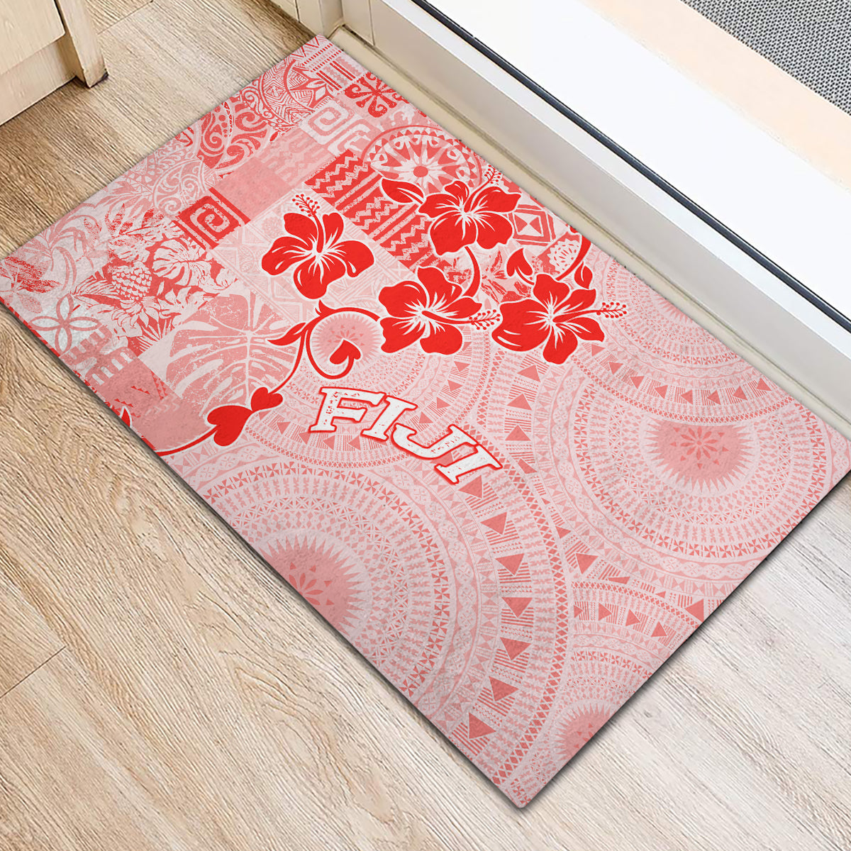 Fiji Masi With Hibiscus Tapa Tribal Rubber Doormat Red Pastel LT01 - Polynesian Pride
