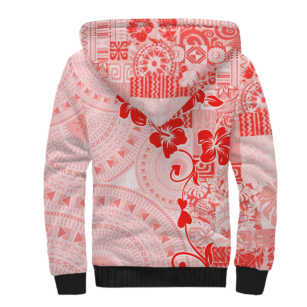Fiji Masi With Hibiscus Tapa Tribal Sherpa Hoodie Red Pastel LT01 - Polynesian Pride