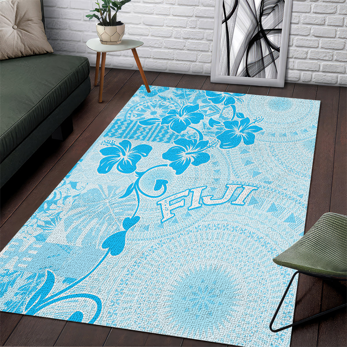 Fiji Masi With Hibiscus Tapa Tribal Area Rug Sky Blue Pastel LT01 Blue - Polynesian Pride