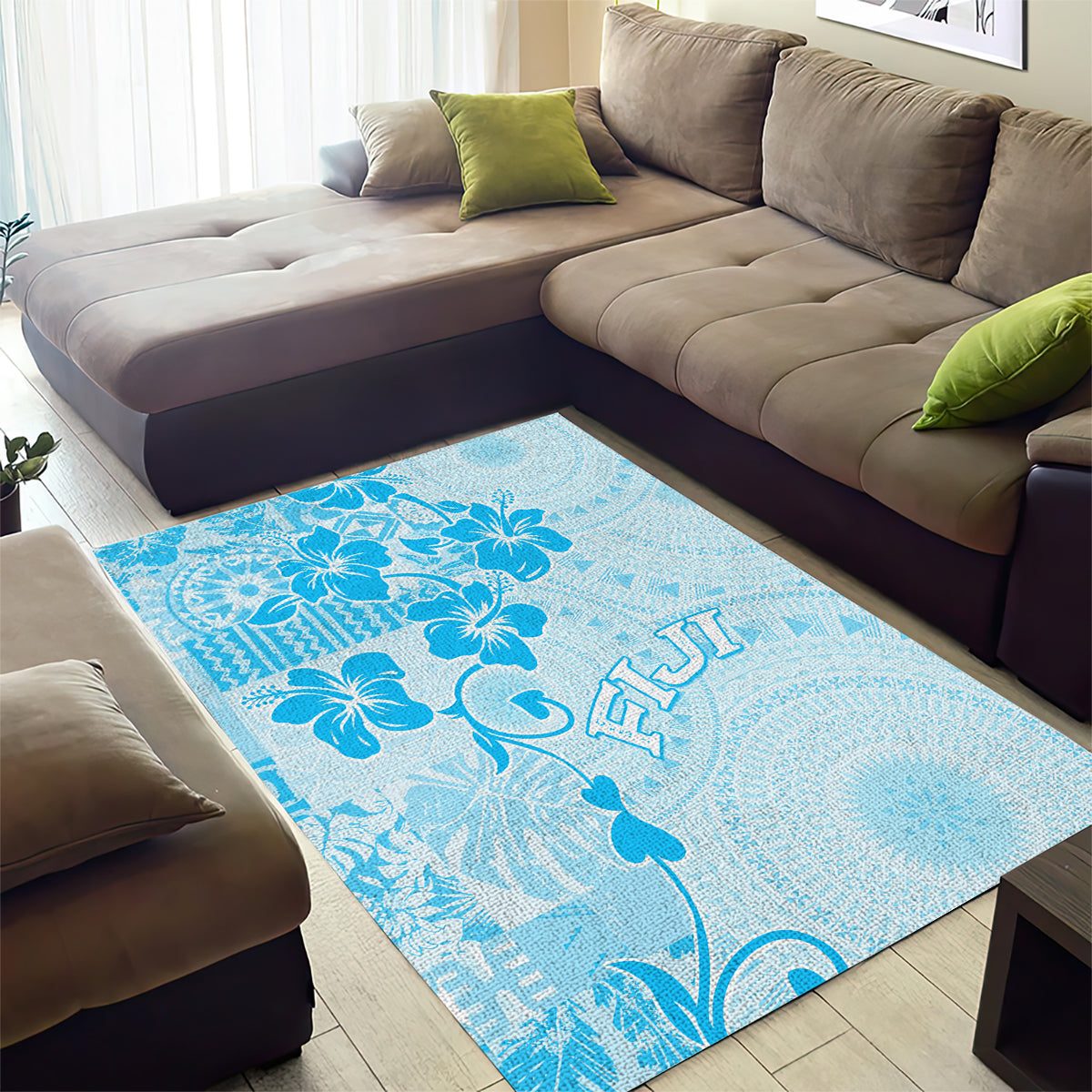 Fiji Masi With Hibiscus Tapa Tribal Area Rug Sky Blue Pastel LT01 - Polynesian Pride
