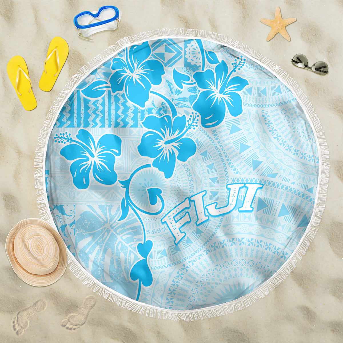 Fiji Masi With Hibiscus Tapa Tribal Beach Blanket Sky Blue Pastel LT01 One Size 150cm Blue - Polynesian Pride