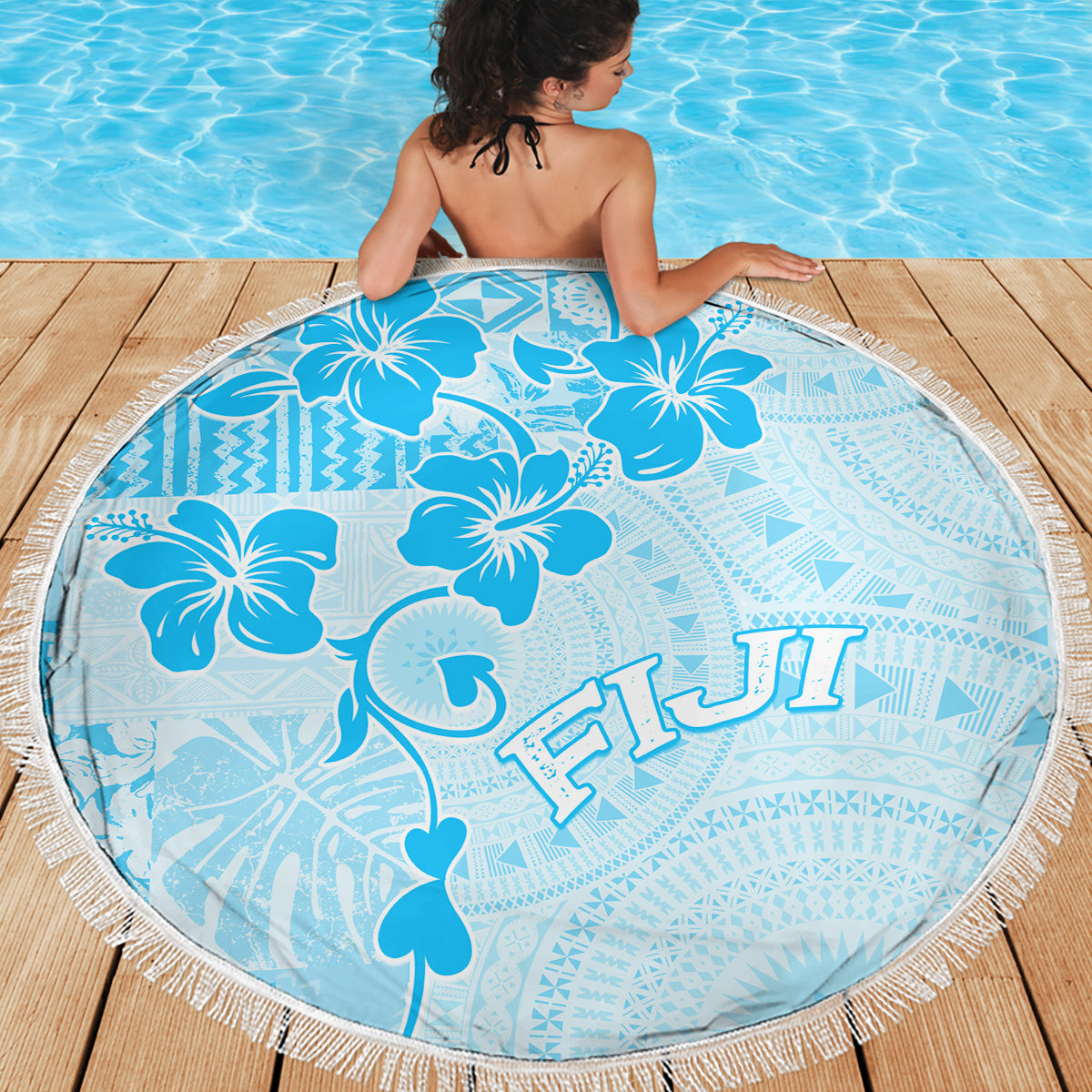 Fiji Masi With Hibiscus Tapa Tribal Beach Blanket Sky Blue Pastel LT01 - Polynesian Pride