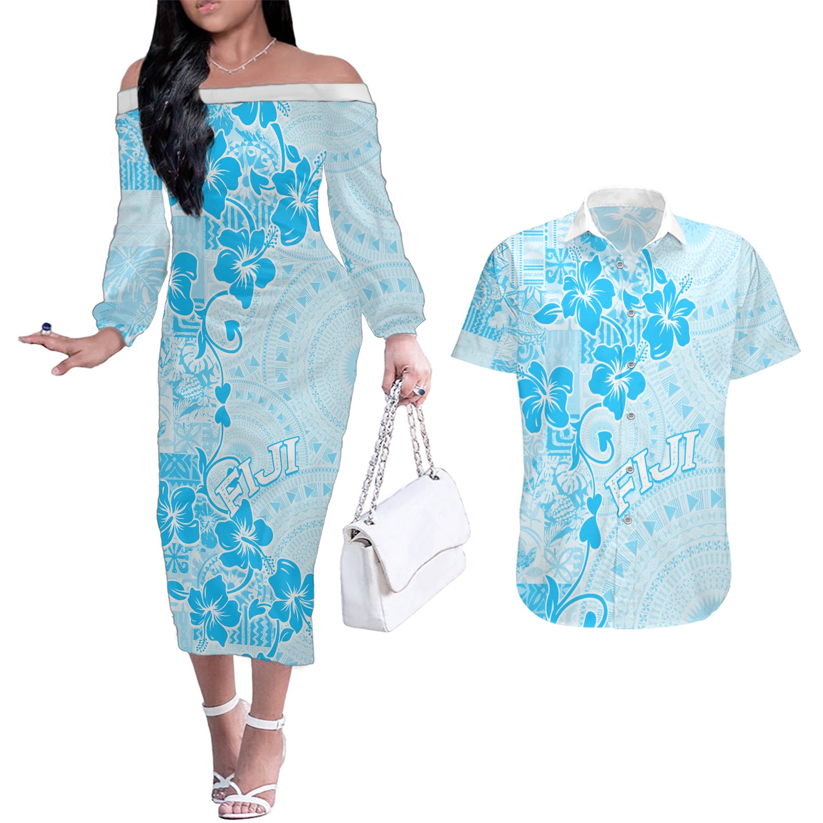 Fiji Masi With Hibiscus Tapa Tribal Couples Matching Off The Shoulder Long Sleeve Dress and Hawaiian Shirt Sky Blue Pastel LT01 Blue - Polynesian Pride