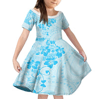 Fiji Masi With Hibiscus Tapa Tribal Family Matching Off Shoulder Maxi Dress and Hawaiian Shirt Sky Blue Pastel LT01 Daughter's Dress Blue - Polynesian Pride