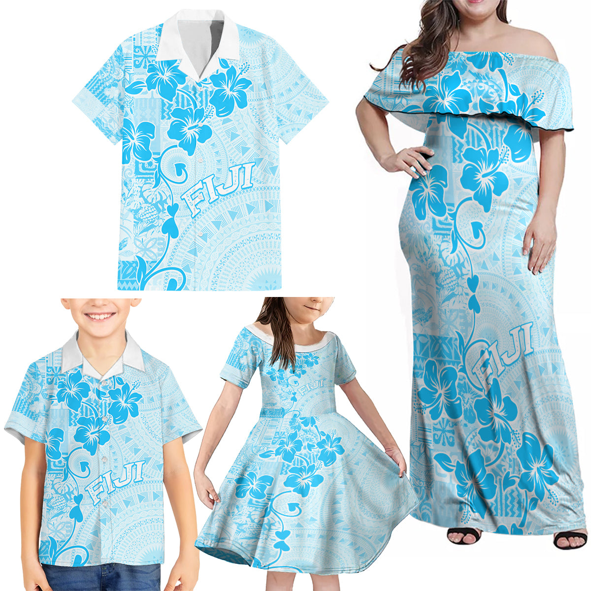 Fiji Masi With Hibiscus Tapa Tribal Family Matching Off Shoulder Maxi Dress and Hawaiian Shirt Sky Blue Pastel LT01 - Polynesian Pride