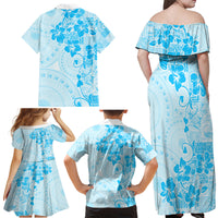 Fiji Masi With Hibiscus Tapa Tribal Family Matching Off Shoulder Maxi Dress and Hawaiian Shirt Sky Blue Pastel LT01 - Polynesian Pride