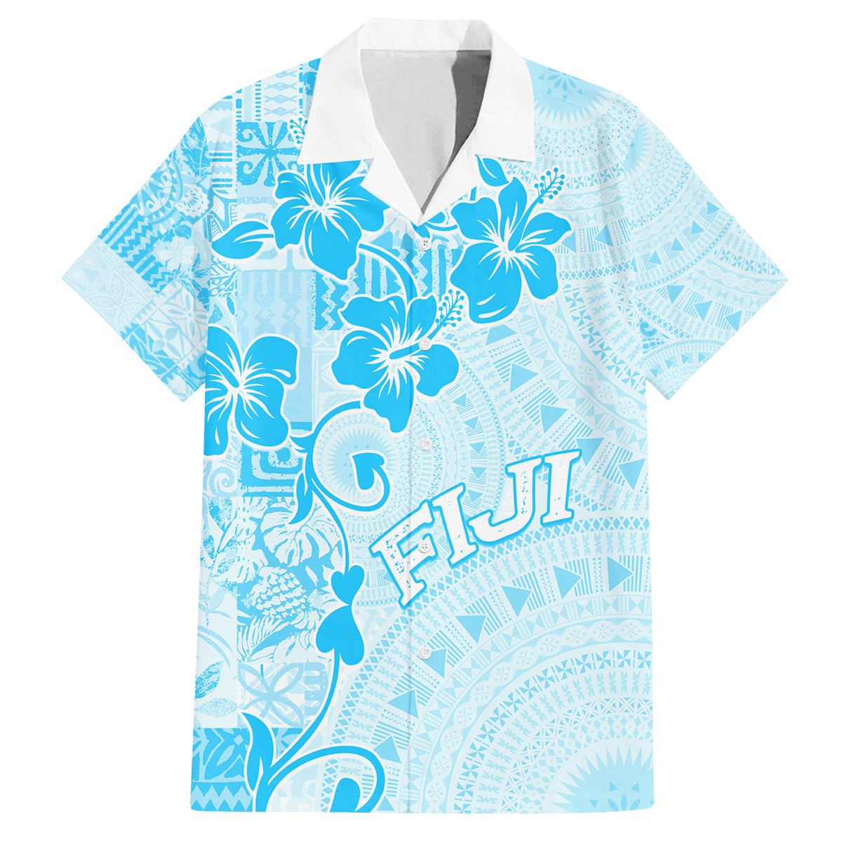 Fiji Masi With Hibiscus Tapa Tribal Family Matching Off Shoulder Maxi Dress and Hawaiian Shirt Sky Blue Pastel LT01 Dad's Shirt - Short Sleeve Blue - Polynesian Pride