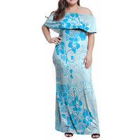 Fiji Masi With Hibiscus Tapa Tribal Family Matching Off Shoulder Maxi Dress and Hawaiian Shirt Sky Blue Pastel LT01 Mom's Dress Blue - Polynesian Pride
